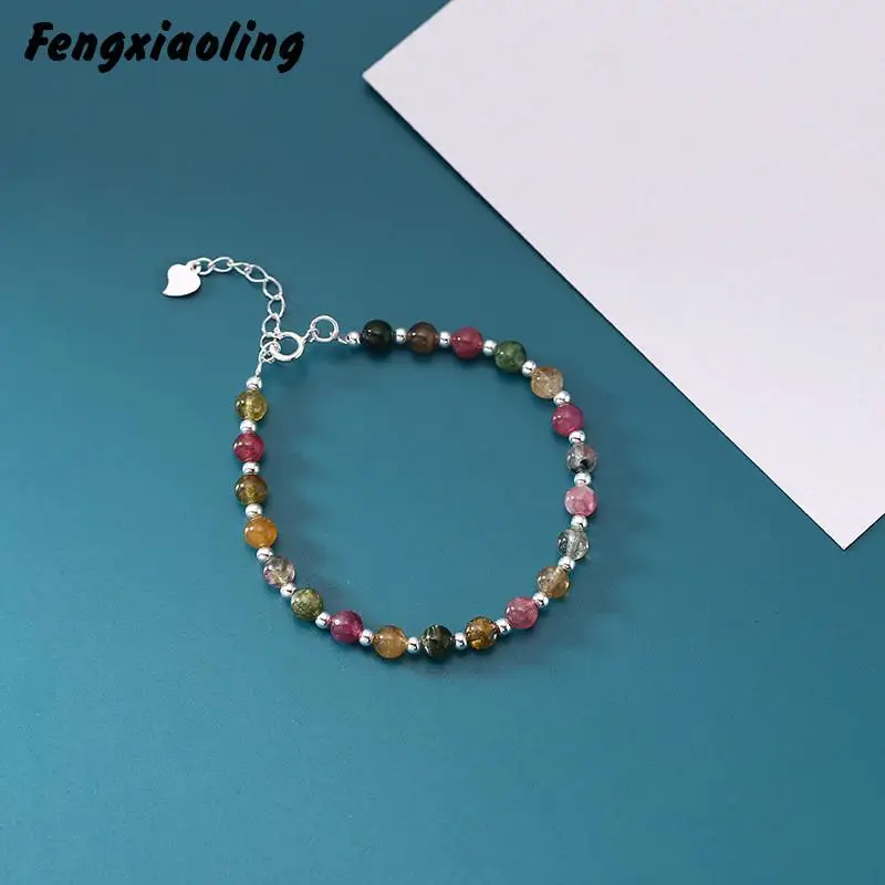 

Fengxiaoling 100% Genuine 925 Sterling Silver Multicolor Geometric Round Charm Bracelets For Women Fine Jewelry Cute Accessories