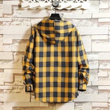 

Men Hooded Plaid Shirt Japanese Style Loose Lapel Leisure Big Yards Stylish Clothing Free Shipping Spring Sale Hot Streetwear