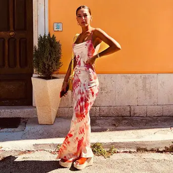 

Women Backless Sleeveless Sexy Dress Bandage Bodycon Evening Party Spaghetti Strap Maxi Dresses Tie Dyeing Long Dress