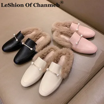 

Sparking Crystal Gold Metal Chain Loafers Women Genuine Leather Real Rabbit Fur Flats Ladies Pearls Mules Shoes 12 zapatos mujer