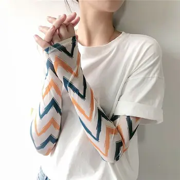 

Women Girls Summer Ice Silk Arm Sleeves Cover Rainbow Colored Striped Harajuku Sun Protection Cooling Cycling Driving Gloves