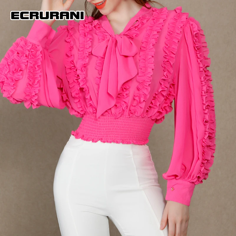 ECRURANI Casual Blouses For Women Stand Collar Plain Long Sleeve Gathered Waist Patchwork Ruffle Trim Shirts Female 2021 Autumn