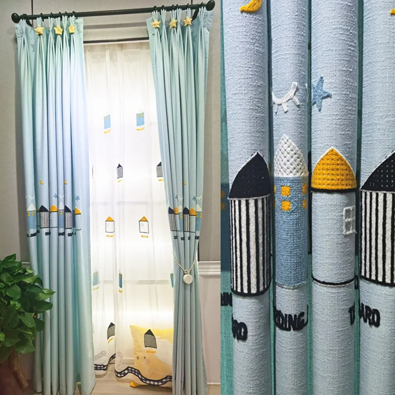 

Curtains for Boys Children's Room Fresh Blue Pattern Rainbow House Juvenile Bedroom Study Linen Environmentally Curtains