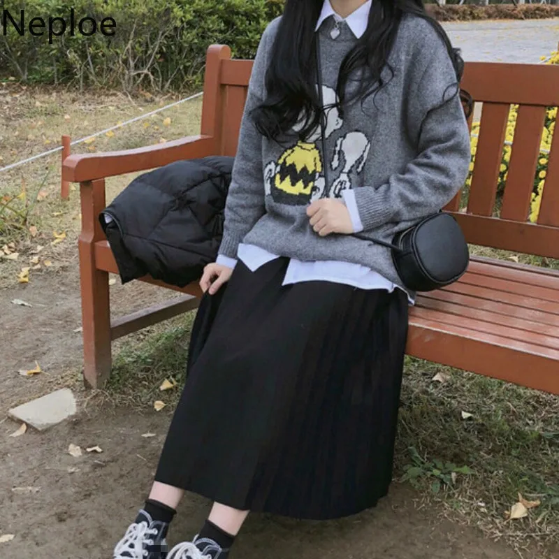 Neploe свободные сумасшедшие Стиль пуловер вязаный Pull Femme осень зима низ мультфильм шаблон свитер О образным вырезом повседневное с длинным рукавом Топ