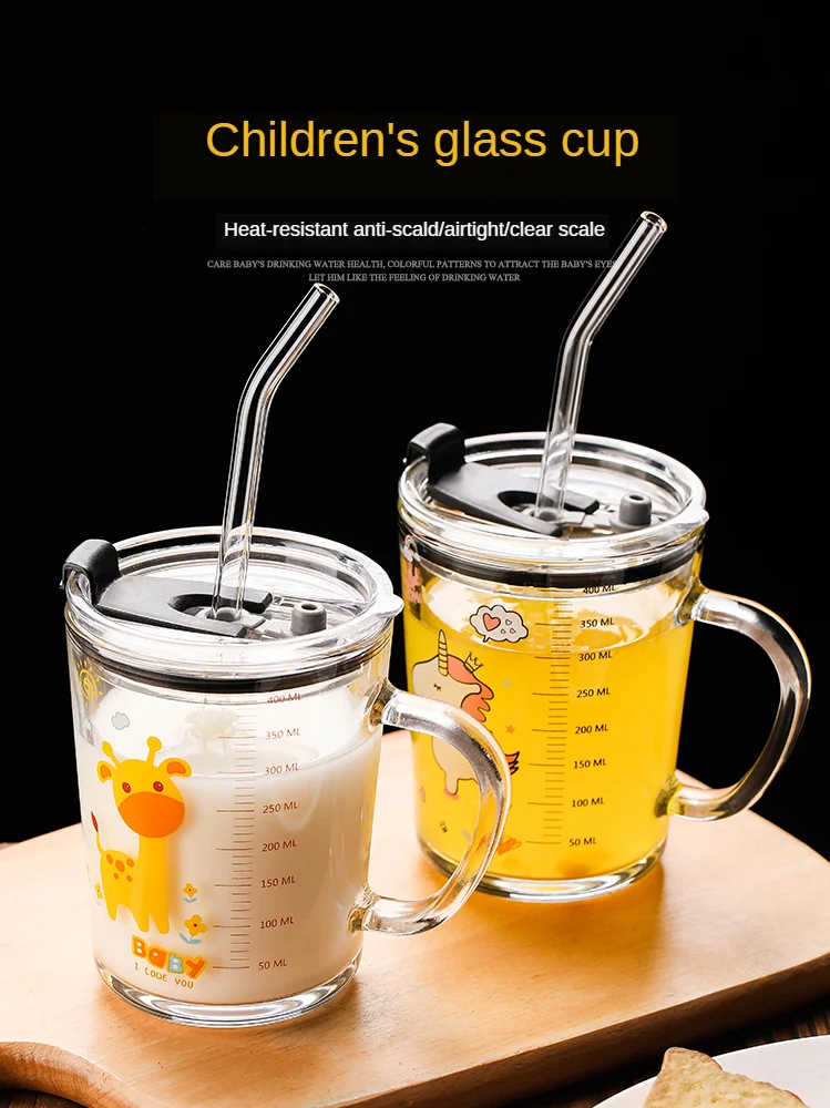 

410ml glass coffee Mug With Straw and lid Cartoon Creative children's Glass milk cup juice glass Drinkware water bottle Gift set