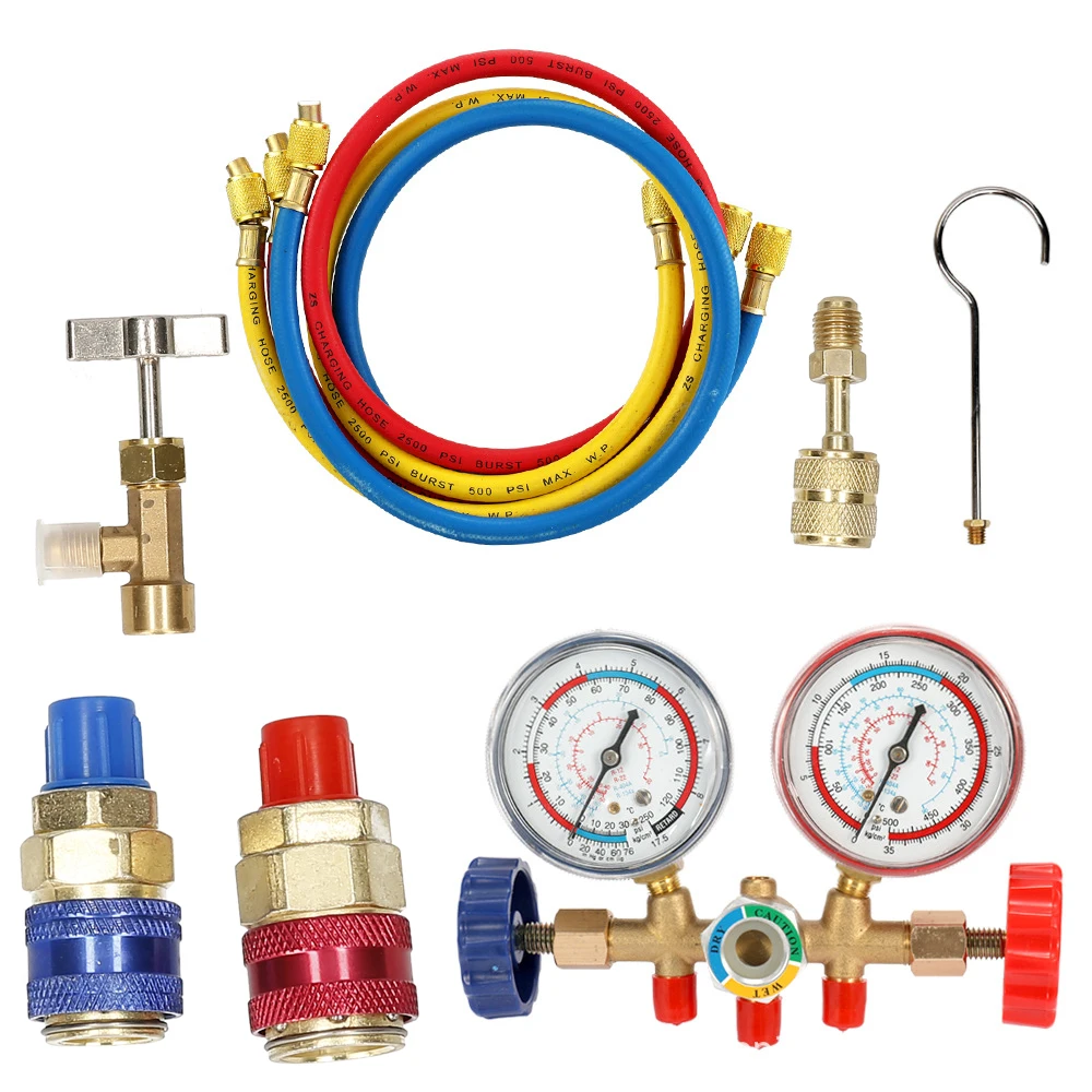3 Way AC Manifold Gauge Set with Hoses Couplers & Adapter Refrigerant