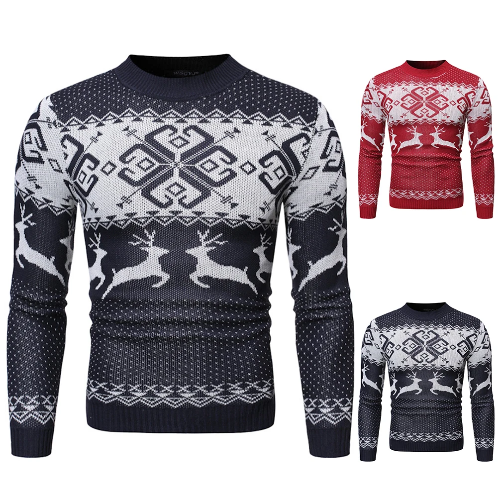 Christmas spree Autumn Winter Xmas Chic Men Elk Print O Neck Long Sleeve Pullover Sweater Blouse Top Polyester Casual Slim Men's