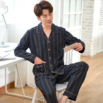 

Cotton Pajamas Men's Leisure Tops Men's Autumn and Winter Spring and Autumn Long-Sleeved Cotton Spring Plus-sized Suit Thin
