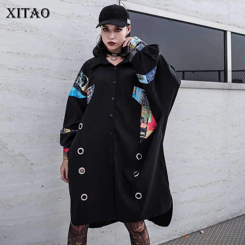 

XITAO Irregular Black Dress Women Plus Size Pleated Single Breast Elegant Goddess Fan Autumn Sequin Patchwork Dress ZYQ1817