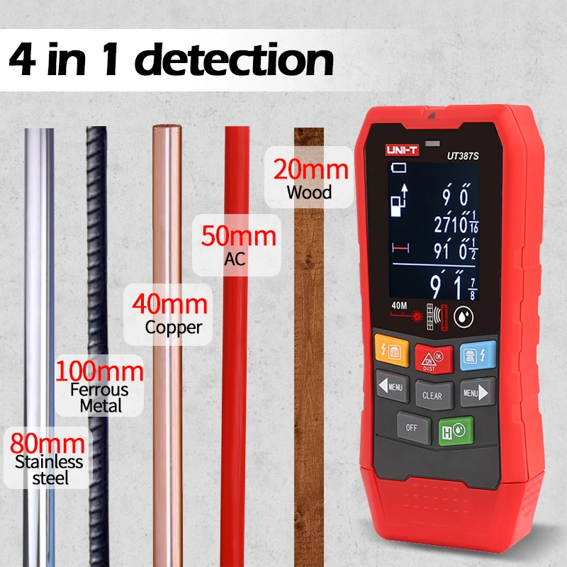 UNI-T Wall Scanner UT387E UT387S UT387LM 4 In 1 Metal Detector Wood Stud Finder AC Voltage Live Cable Wires Depth Tracker 2