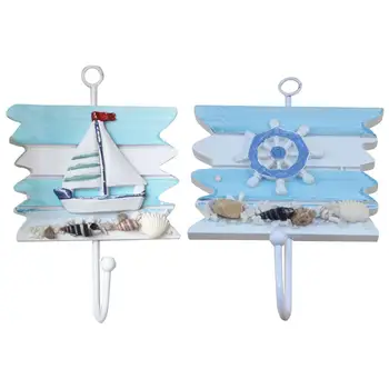 

2Pcs Mediterranean Style Wooden Hook Creative Hook Wall Hanger Decorative Hook (Sailboat Style and Rudder Style)
