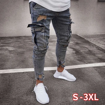

Men Ripped Hole Jeans With Knee Pocket Slim Skinny Jeans Fashion Hiphop Jeans Casual Trousers Male High Qulity Jeans Men Pencil