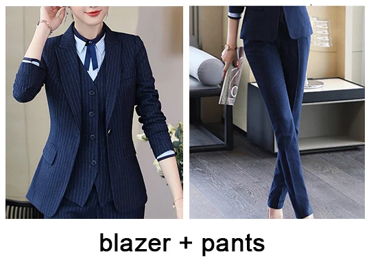 blue pants set Зимние полосатые женские костюмы офисные женские комплекты пальто Верхняя одежда для женщин блейзер - Цвет: blue pants set