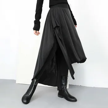 

Elastic Waist False Two Female Loose Pants Irregular Black Color Fashion Trousers For Women