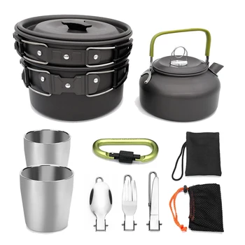 

9Pcs Camping Cookware Kit Outdoor Tableware Cooking Set Portable Teapot Kettle Pot Frying Pan Travelling Hiking Picnic Set