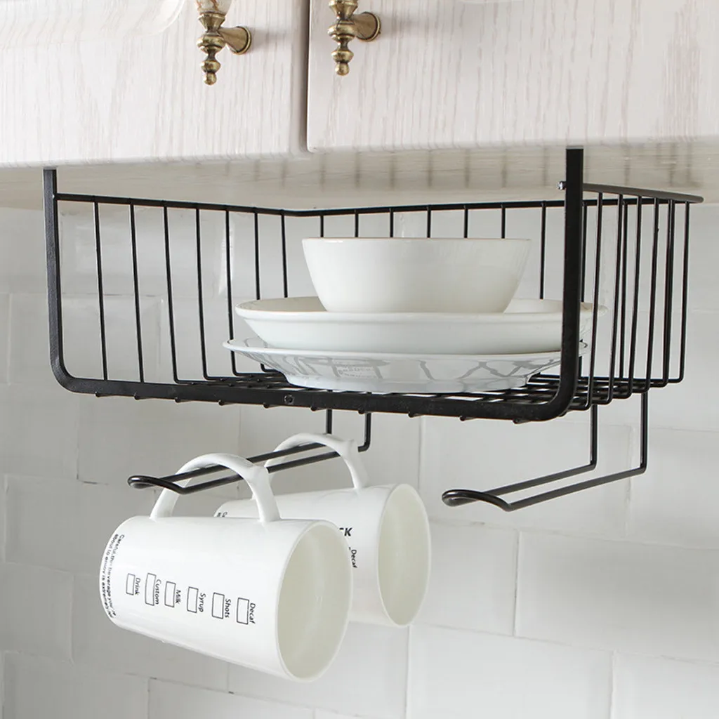 Kitchen Storage Bin Under Shelf Wire Rack Cabinet Basket Iron Storage Tableware Cup Organizer Holder Stand Kitchen Tools Hanging