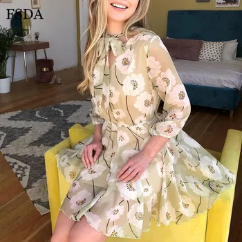 

FSDA A Line Floral Print Ruffles Boho Dress Elegant Summer Short Sleeve Casual 2020 Pink Green Yellow Bow Beach Dresses