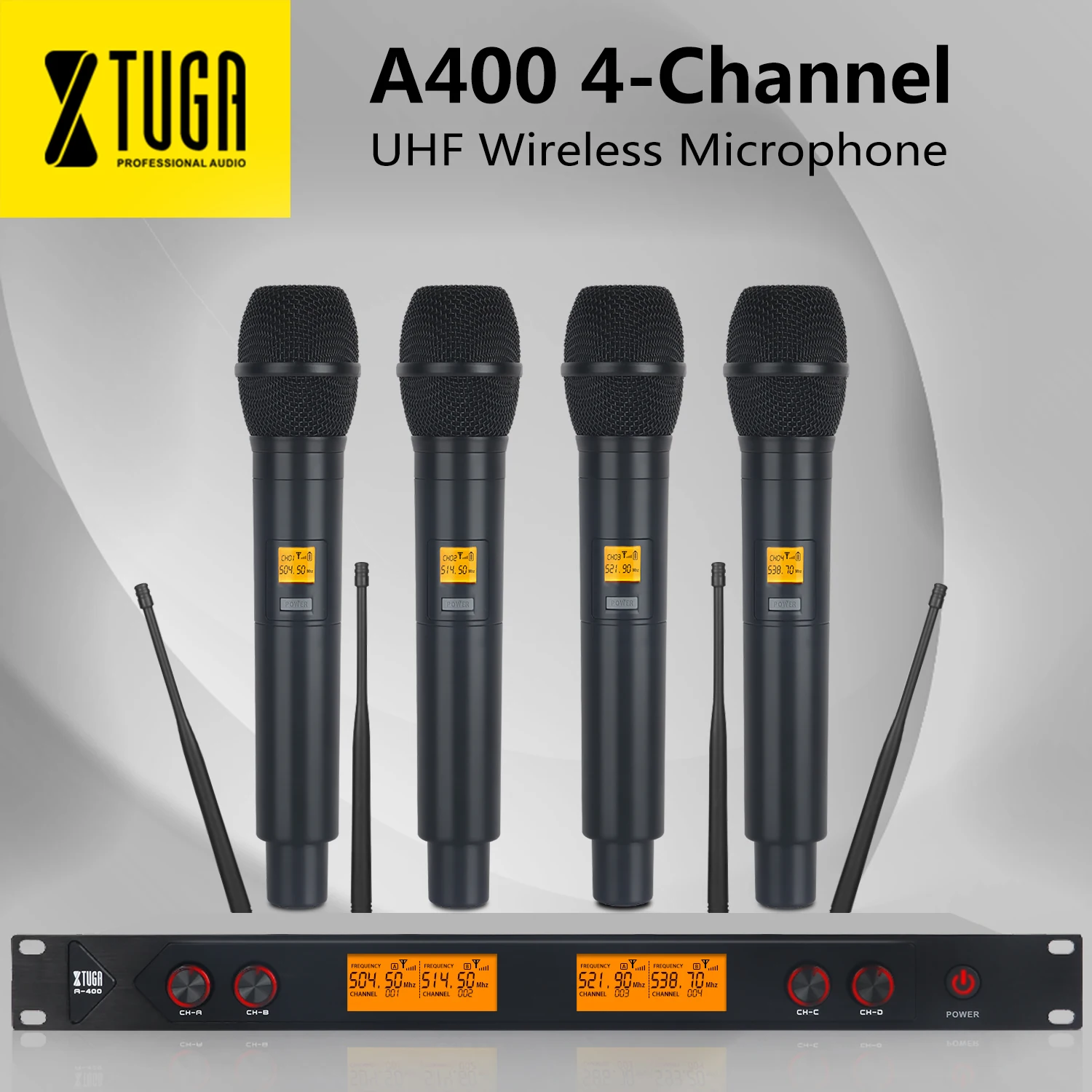 

XTUGA A-400 Metal Material 4-Channel UHF Wireless Microphone System with 4 Hand-held for Stage Church Family Party Small Karaoke