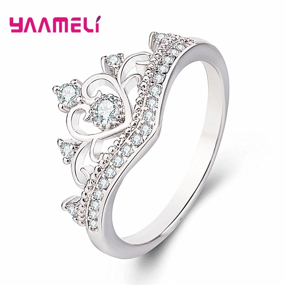 Anillos de circonia cúbica redondos de Forma de Corona a la moda para mujer, joyería de plata de ley 925 pura para mujer, anillos de decoración para fiestas