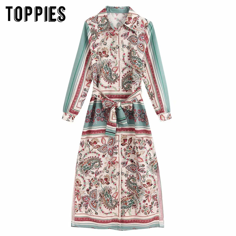 

Vintage Printing Shirt Dress 2020 Spring Long Sleeve Maxi Dress Belt Waist Vestidos