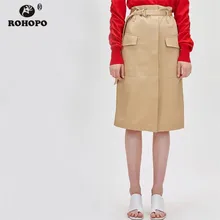 ROHOPO хаки армейский зеленый хлопок карго миди юбка высокая талия передние карманы Сплит пояс прямой до середины икры Falda#9242