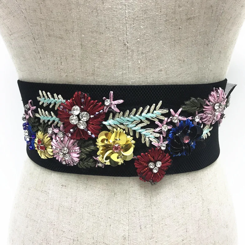 Women's Runway Fashion Elastic Floral Embroidery Cummerbunds Female Dress  Corsets Waistband Belts Decoration Wide Belt R2243