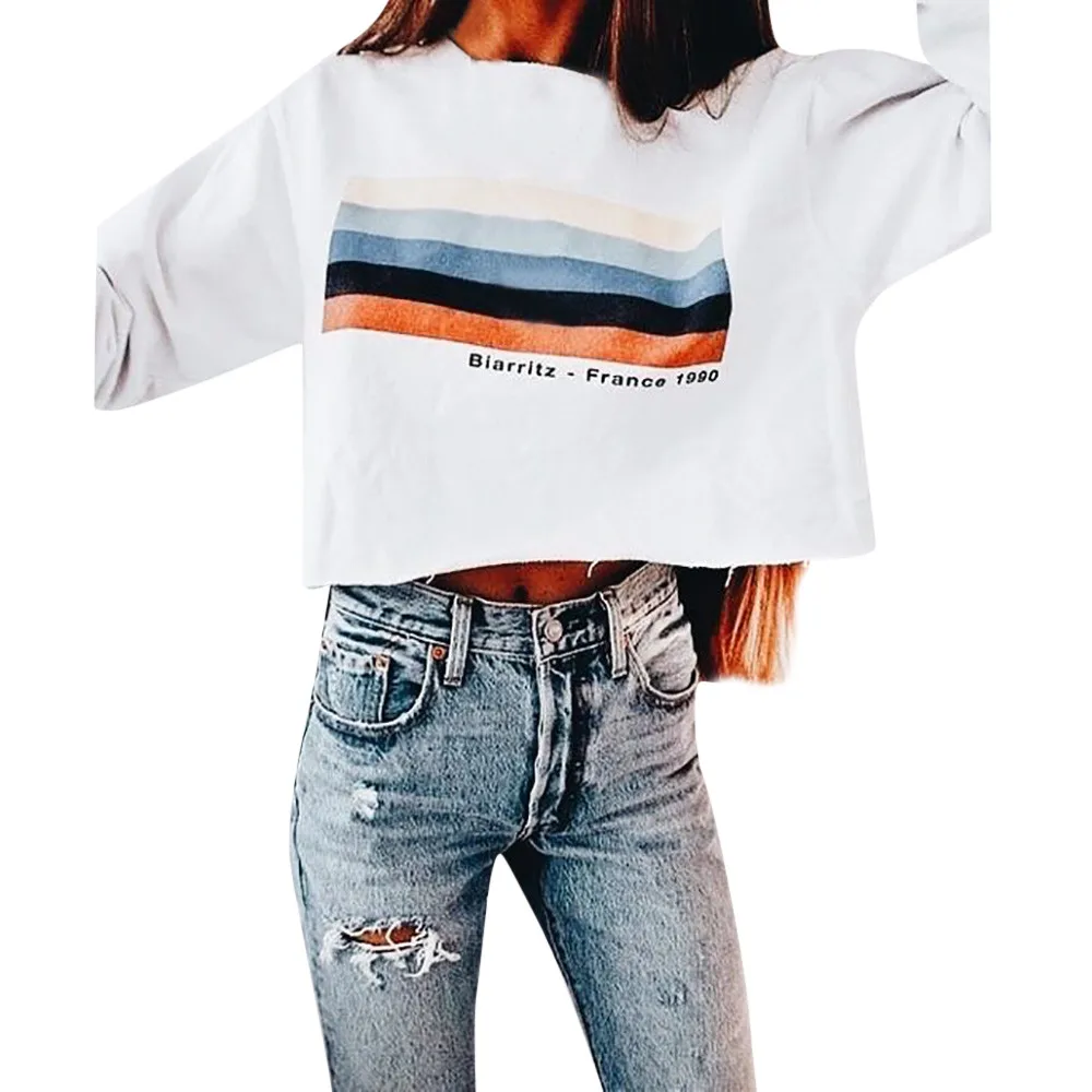 

JAYCOSIN Fashion Womens Long Sleeve Rainbow Stripes Sweatshirt Casual Cool Chic New Look Comfortable Pullover Letter Tops Blouse