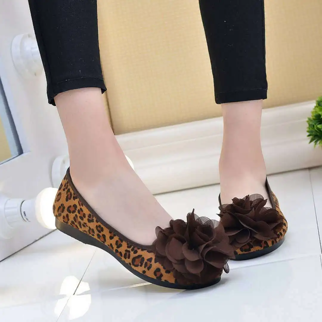 

2018 New Style Polyurethane Leopord Pattern Low-Cut WOMEN'S Shoes round Shallow Mouth Flat Moccosins Big Flower Work Shoes