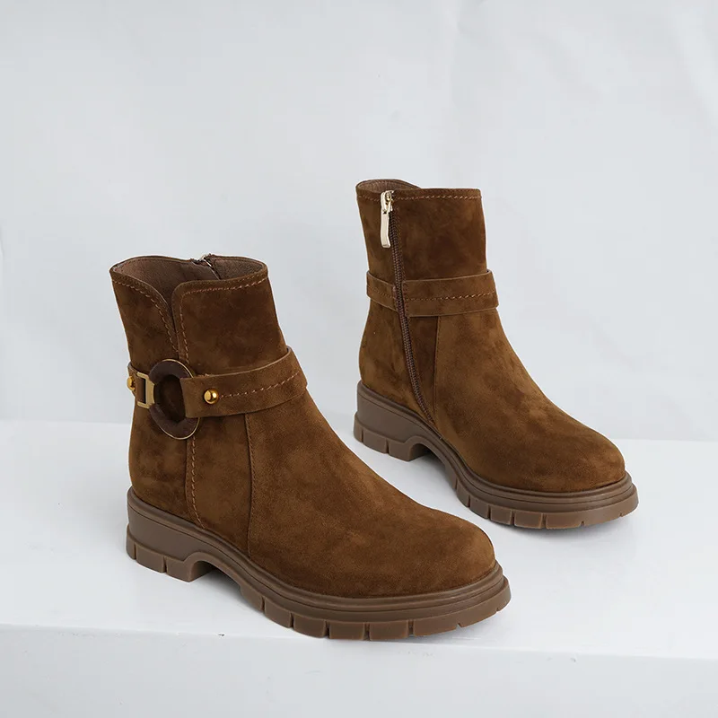 

England Wind Short 2020 Genuine Leather Sawtooth Flange Waterproof Platform Hasp Circle Head Side Zipper Boots Woman