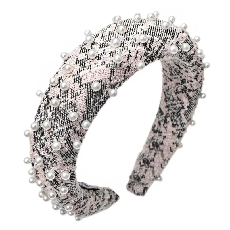 Korean Thick Sponge Padded Hair Hoop Women Snakeskin Rhombus Knitted Wide Headband Imitation Pearl Beaded Party 1 Korean Thick Sponge Padded Hair Hoop Women Snakeskin Rhombus Knitted Wide Headband Imitation Pearl Beaded Party 5