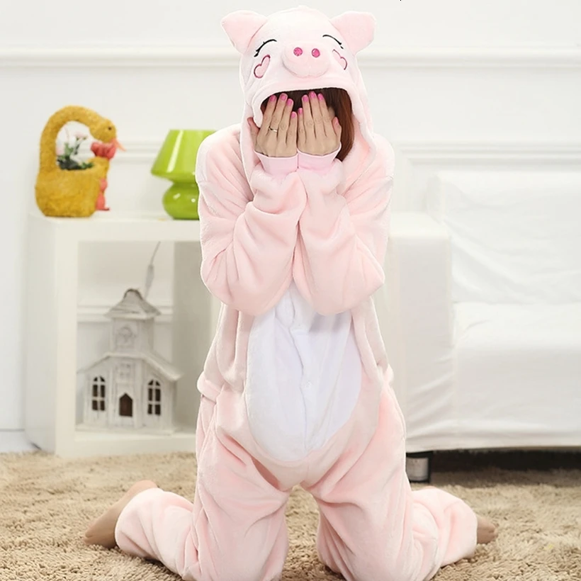 Adult kigurumi Anime Women Costume Pink Pig Halloween Cosplay Cartoon Animal Sleepwear Winter Flannel Hooded Pajama