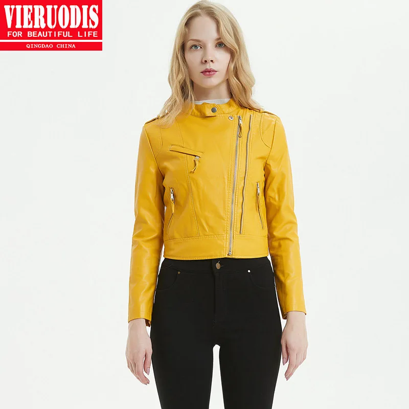 

High Quality Yellow Black Leather Jacket Woman Motorcycle Short Jacket O Neck Asymmtrical Zipper Coat Punk Streetwear Epaulet