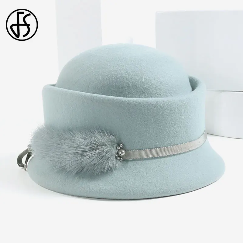 Light Green Fedora FS винтажная черная фетровая шляпа-Клош с жемчугом, котелок с широкими полями, зимняя женская шерстяная фетровая шляпа, церковная шляпа, Дамская Кепка Дерби - Цвет: Light Green Fedora