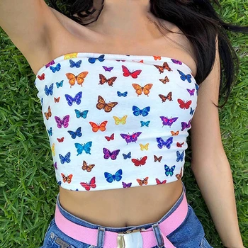 

Summer Women Girl Butterfly Print Wrapped Chest Boob Tube Transgender Undershirt Strapless Short Tube Tops Crop Top