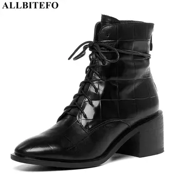 

ALLBITEFO size 34-42 lacing thick heel natural genuine leather women boots fashion women's ankle boots high heel shoes boots