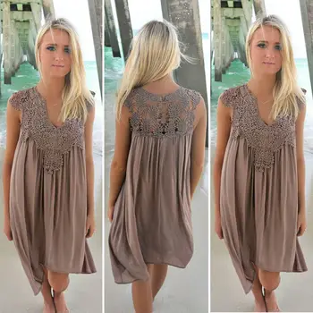 

Casual Lace Beach Dress Sleeveless Hollow Out Vintage See Through Sexy Sumdress V Neck Tank Knee Length Plus Size Summer Vestido