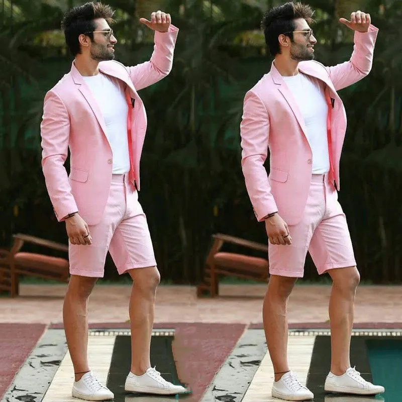 

New Elegant Pink Wedding Men Suit With Short Pants Fashion Business Terno Masculino Beach Mens Summer Groom Wear Suits