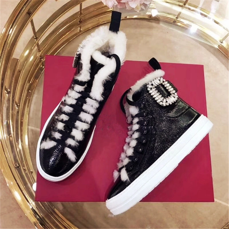

BELLECOM Winter Boots Rhinestone Buckle One Snowfield Boots Wool Martin Boots Baby Shoe Keep Warm Woman Short Boots Flat Bottom