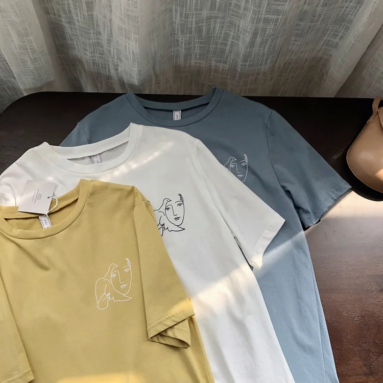 

Mooirue 2019 Summer Autumn Tumblr Casual Tshirt Tee Shirt Women Short Printing Solid Color Printed Slim Cotton Pullovers Tops