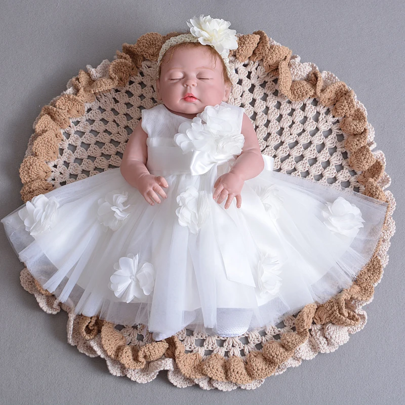 

Baby Girl Christening Dress with Hairband Flower Appliques Tulle Lace Frock Vestidos Bebe Baptism Outfits First Birthday Dress