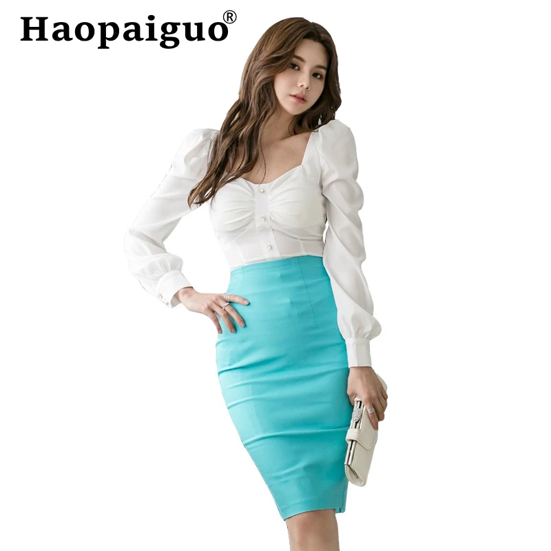 

New Arrival Modis OL Work Office 2 Piece Set for Women Long Sleeve White Blouse and Blue Package Hip Wrap Skirt Women Two Piece