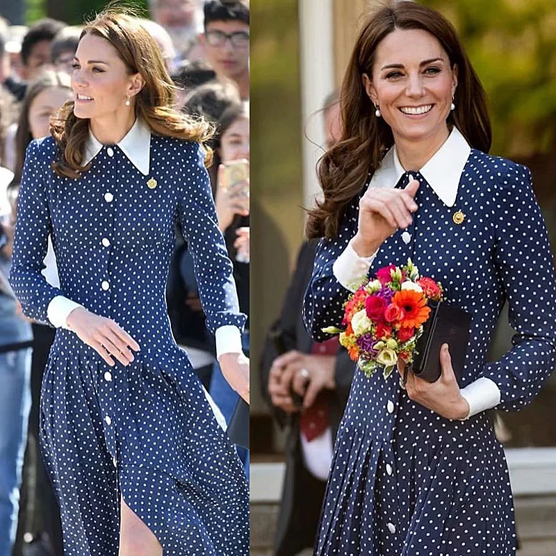 Kate Middleton, длинное платье, высокое качество, новые женские модные вечерние платья, повседневные, винтажные, элегантные, для леди, на пуговицах, в горошек, платья с принтом