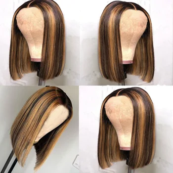 

Highlight 4/27 Color 10-16inch Bob Synthetic Wigs Natural Brown Blonde Color Middle Part Straight Heat Resistant Fiber Hair