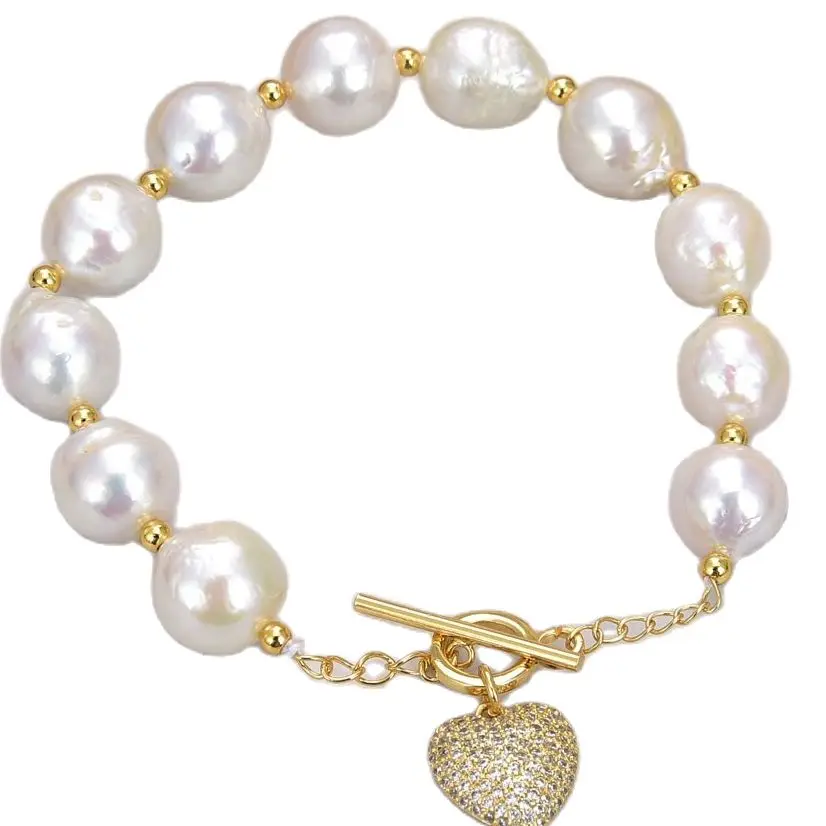 GG Jewelry 8 11 12MM White Keshi Pearl CZ Pave Heart Pendant Bracelet 
