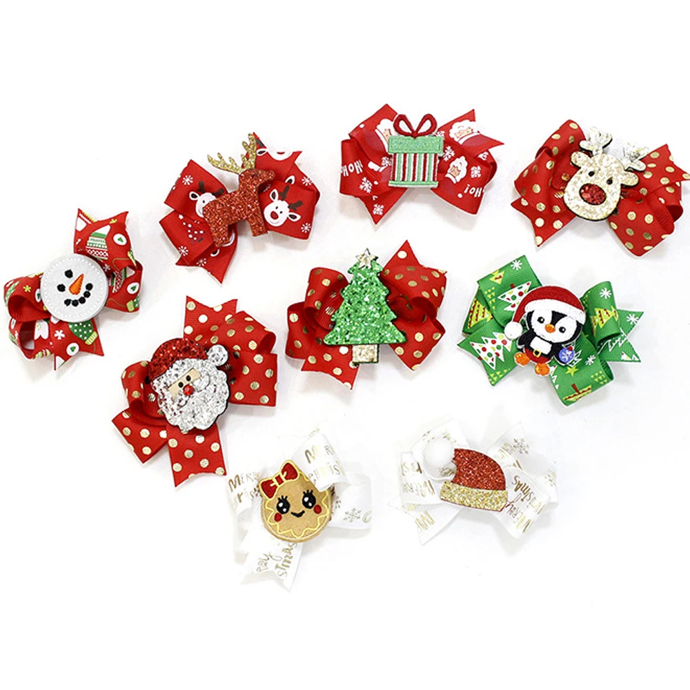 

16Pcs/Lot 3'' Small Christmas Print Hair Bows Cute Glitter Elk Hair Clips For Kids Festival Gift Snowman Hair Accessories