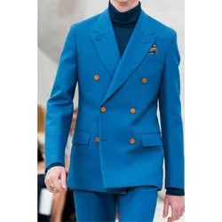 Rpyal Blue Men Suits Handsome Double Breasted Wedding Tuxedo Jacket Blazer Costumes Hommes Groom Formal Tailored Pants Suits Set