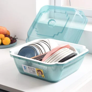 

1Pc Kitchen Dish Rack Practical Tableware Box with Lid Water Draining Storage Shelf Household Kitchen Storage Box (Blue, Small S