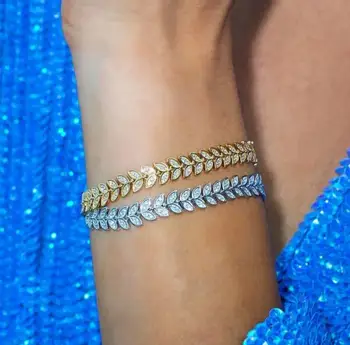 

925 Sterling Silver Olive Branch Leaves Bracelets CZ crystal Leaf Shape tennis bangle Adjustable Bracelet Statement Jewelry