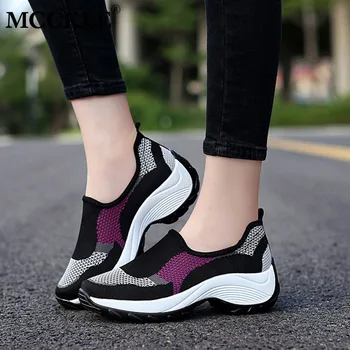

MCCKLE Women Shoes Slip-on Wedges Sneakers Ladies Female Breathable Mesh Shoes Plus Size Woman Comfort Vulcanized Shoes 2020