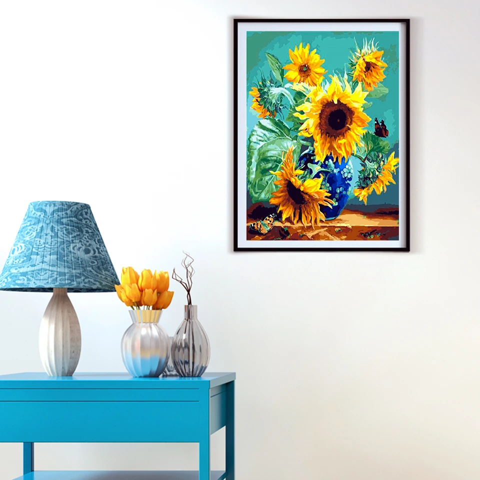 AZQSD DIY Paint By Numbers For Adults Sunflower Handicraft Unframe Acrylic Floral Paint Drawing By Numbers Set Decor For Home